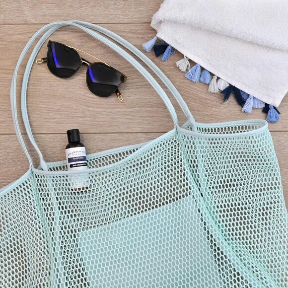 Women's Ice Blue Mesh Beach Nylon & Polyester No-closure Tote Shoulder Handbag - Picture 6 of 7